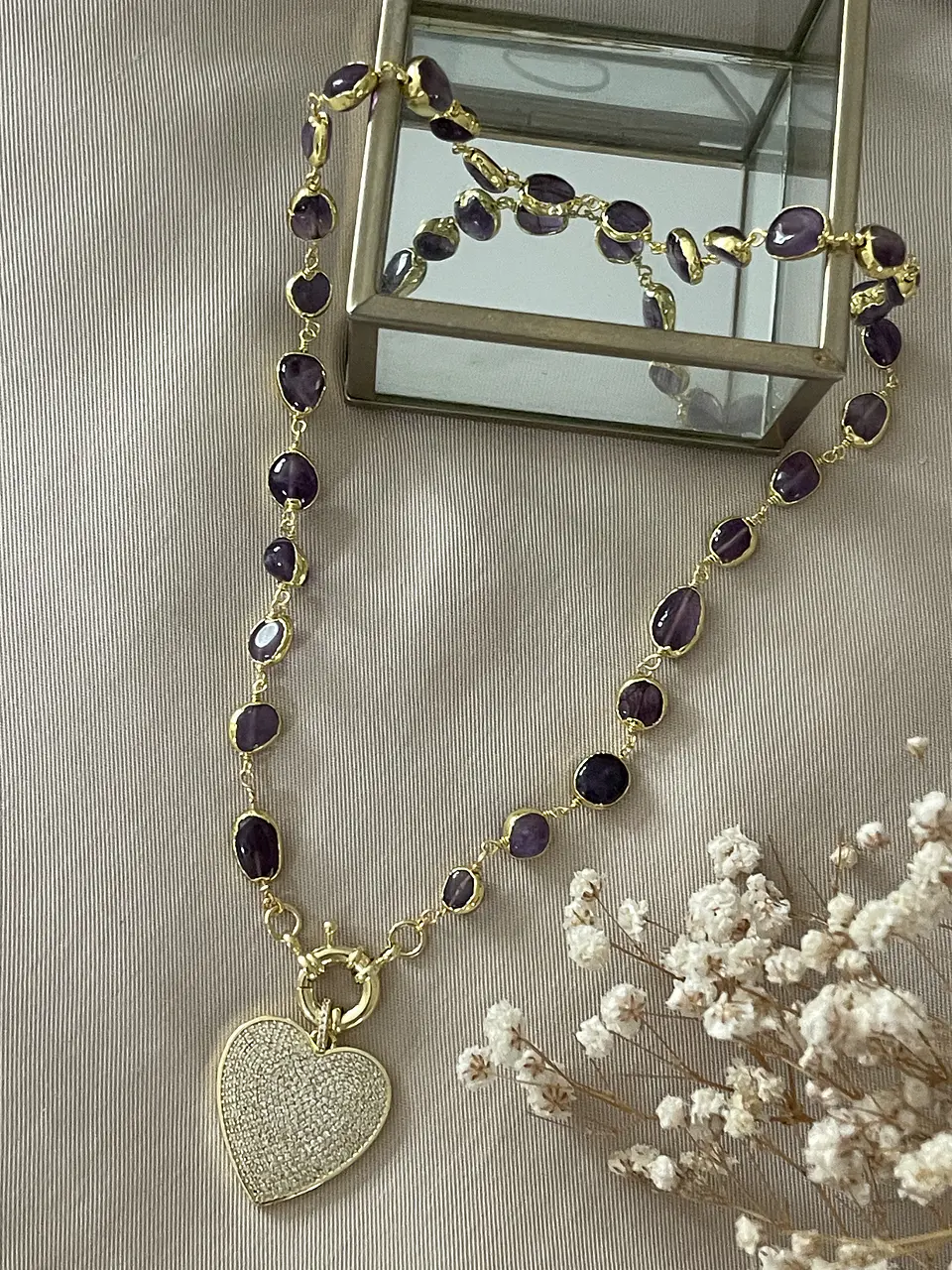 Collar Amatistas Pulidas Corazón Circones Gold 6