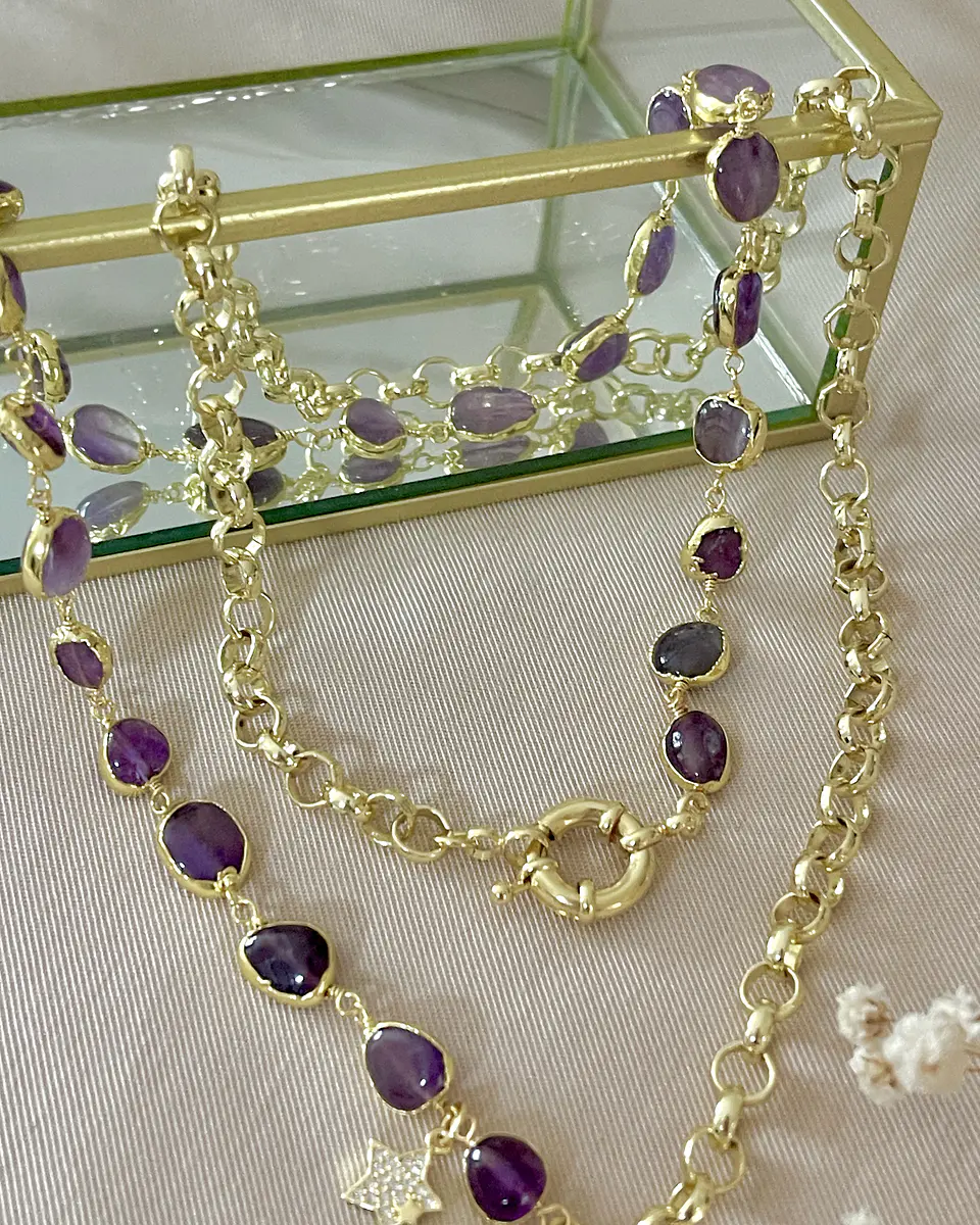 Collar XL Dúo de Mano Protectora de Fátima Amatistas y eslabones gold 5