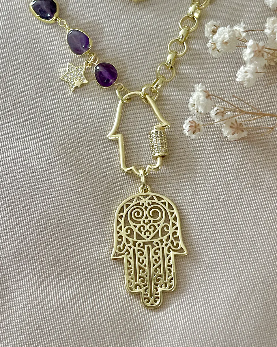 Collar XL Dúo de Mano Protectora de Fátima Amatistas y eslabones gold 6