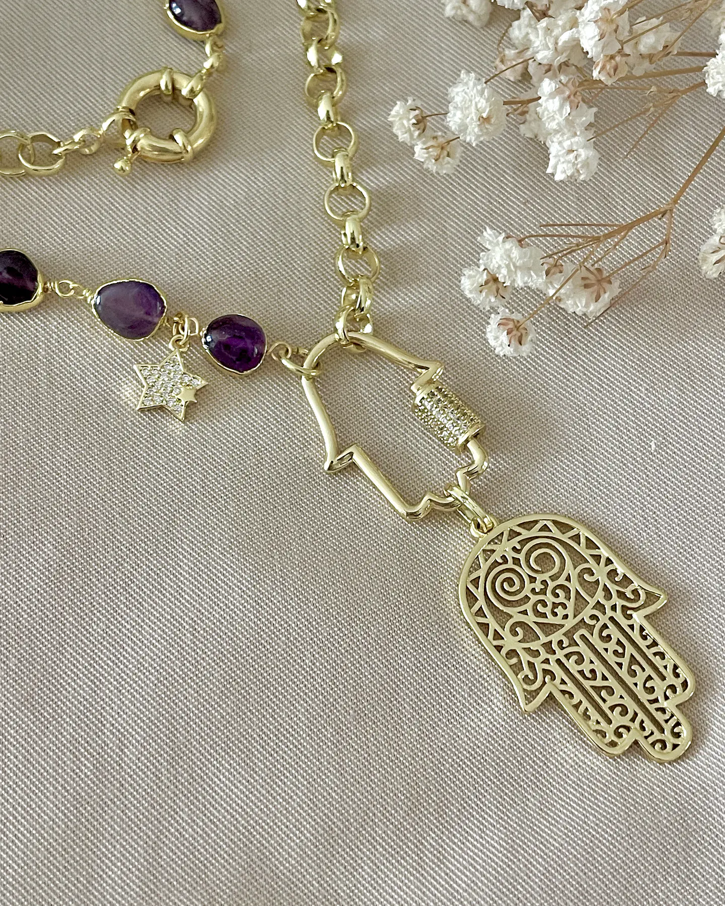 Collar XL Dúo de Mano Protectora de Fátima Amatistas y eslabones gold 3