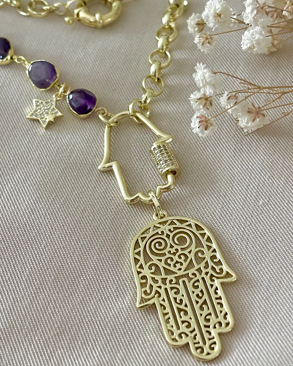 Collar XL Dúo de Mano Protectora de Fátima Amatistas y eslabones gold 9
