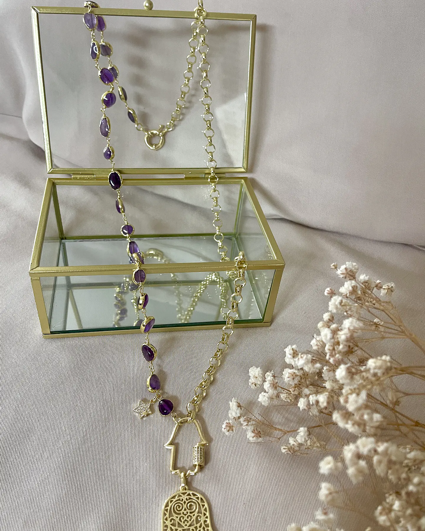 Collar XL Dúo de Mano Protectora de Fátima Amatistas y eslabones gold 10