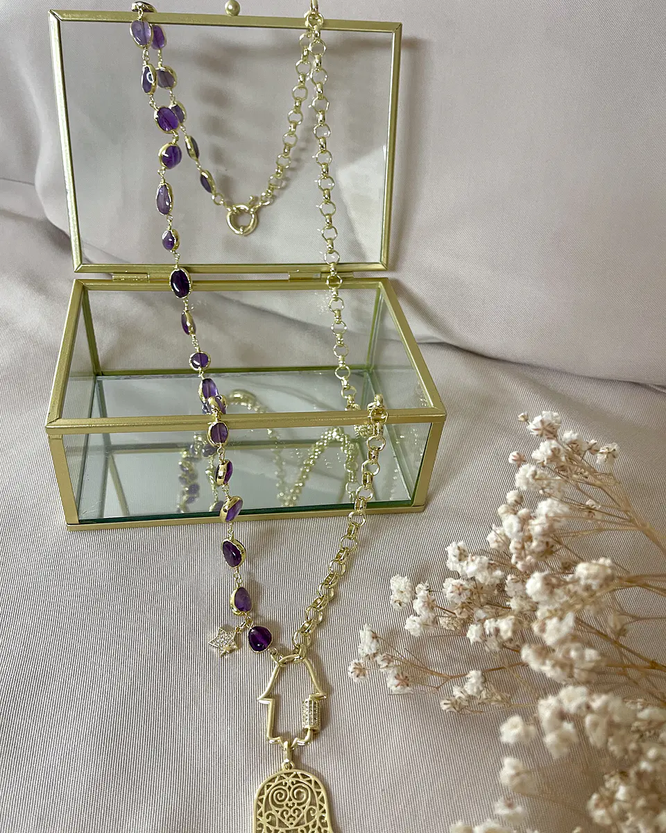 Collar XL Dúo de Mano Protectora de Fátima Amatistas y eslabones gold 10