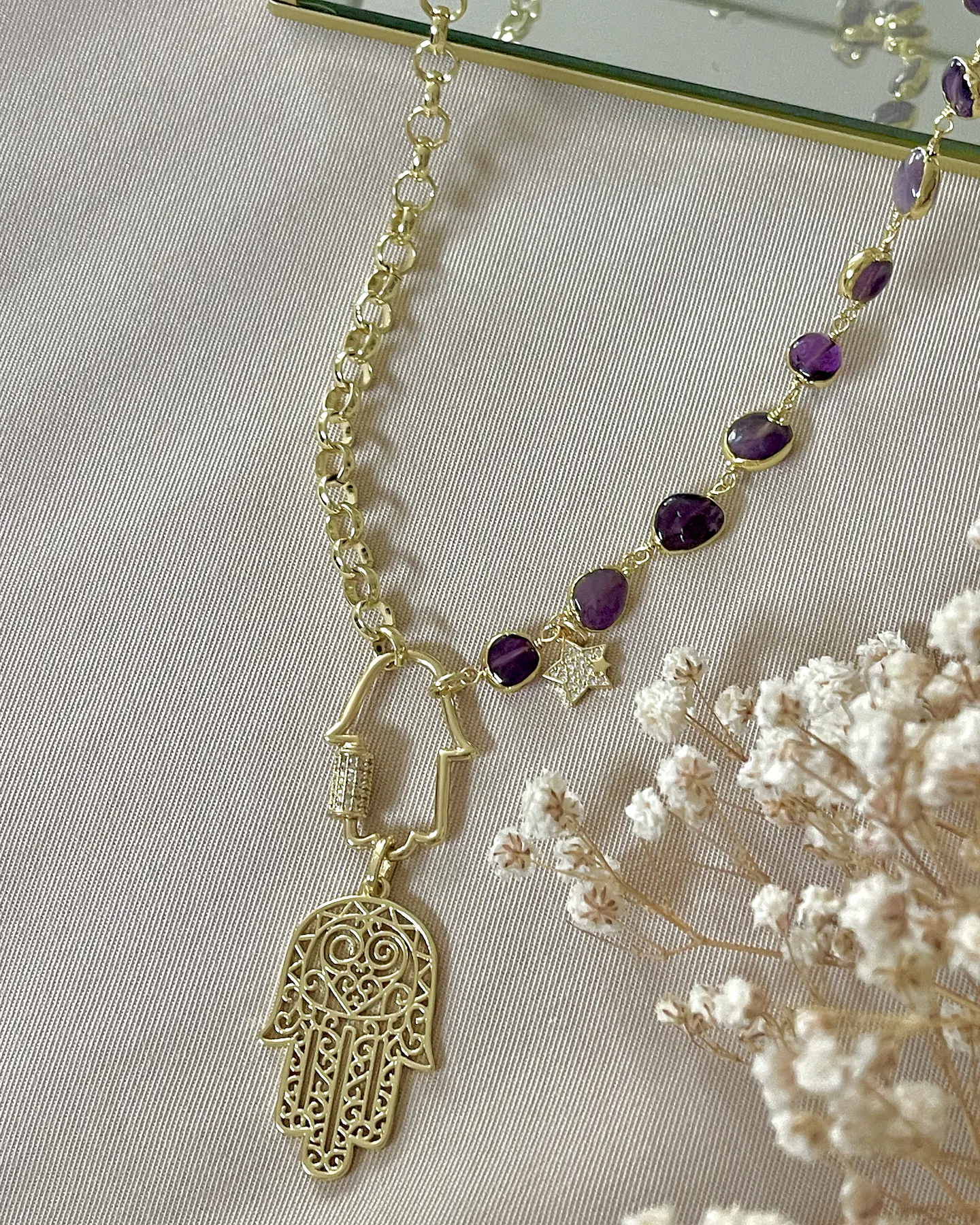 Collar XL Dúo de Mano Protectora de Fátima Amatistas y eslabones gold 12
