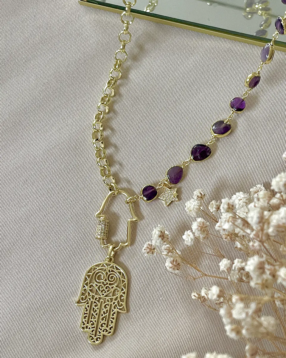 Collar XL Dúo de Mano Protectora de Fátima Amatistas y eslabones gold 12