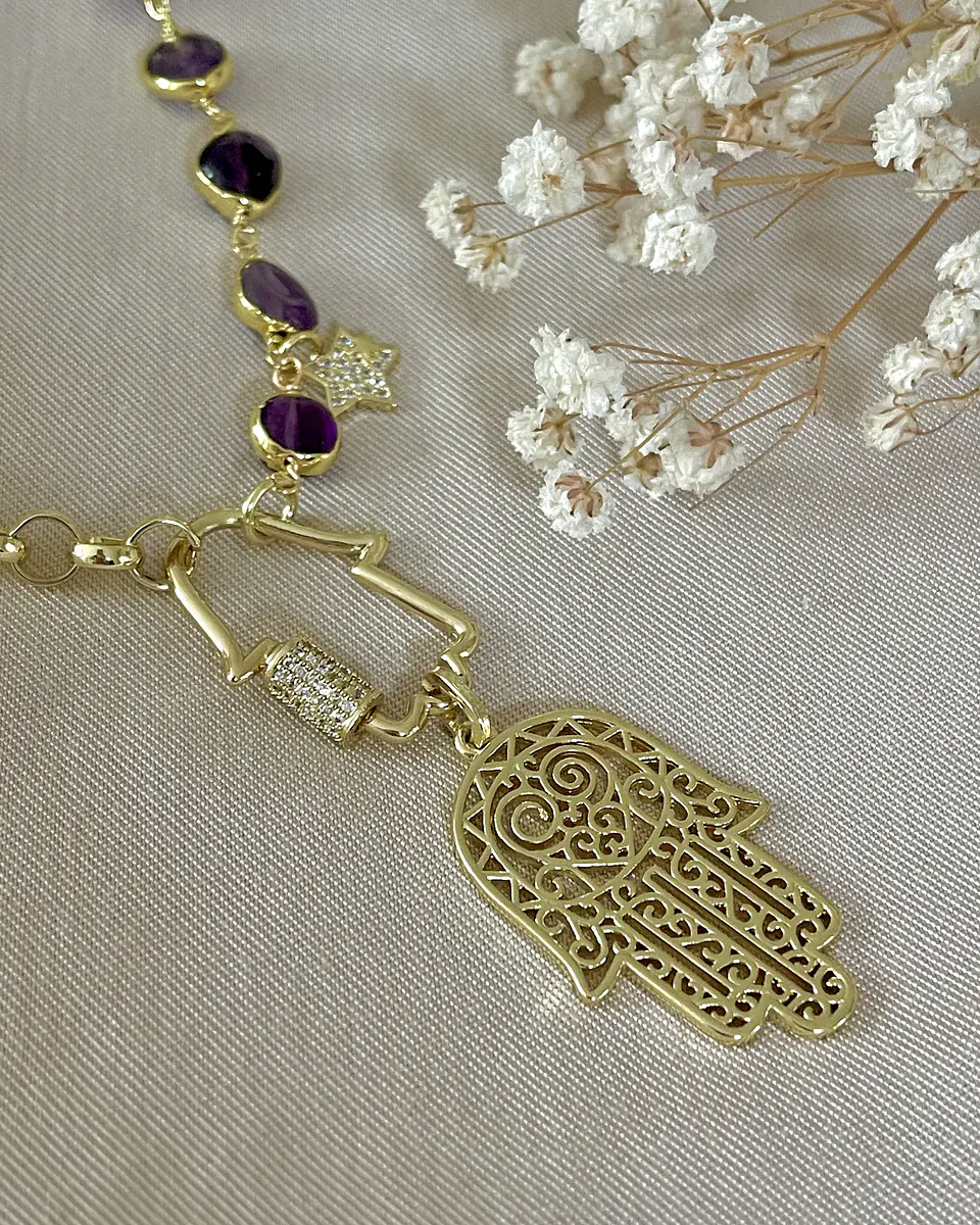 Collar XL Dúo de Mano Protectora de Fátima Amatistas y eslabones gold 11
