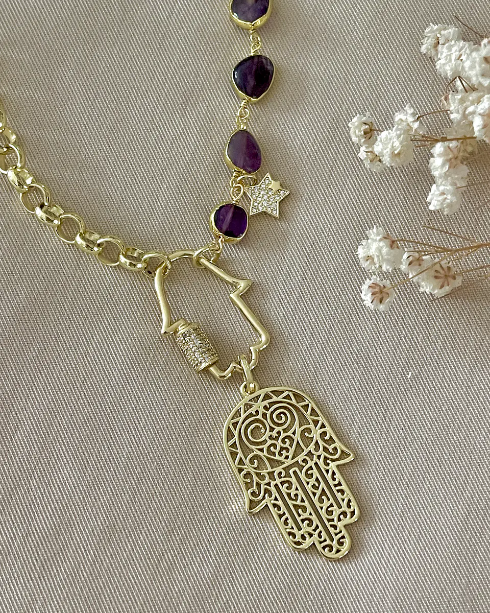 Collar XL Dúo de Mano Protectora de Fátima Amatistas y eslabones gold 13