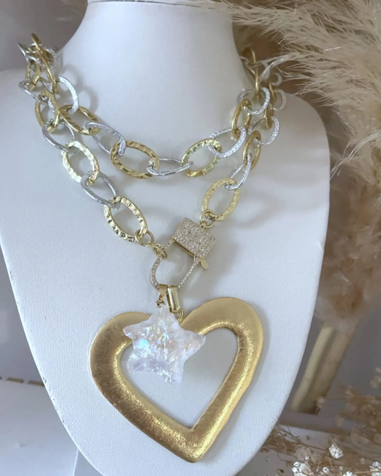 Collar XL  Maxi Corazón Chapado  Estrella cuarzo Tornasol Gold 2