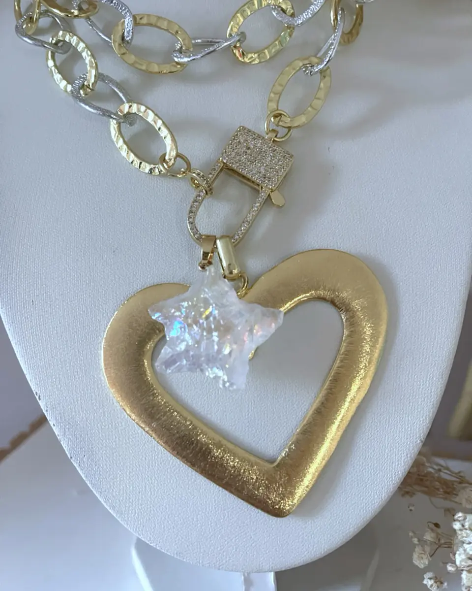 Collar XL  Maxi Corazón Chapado  Estrella cuarzo Tornasol Gold 7