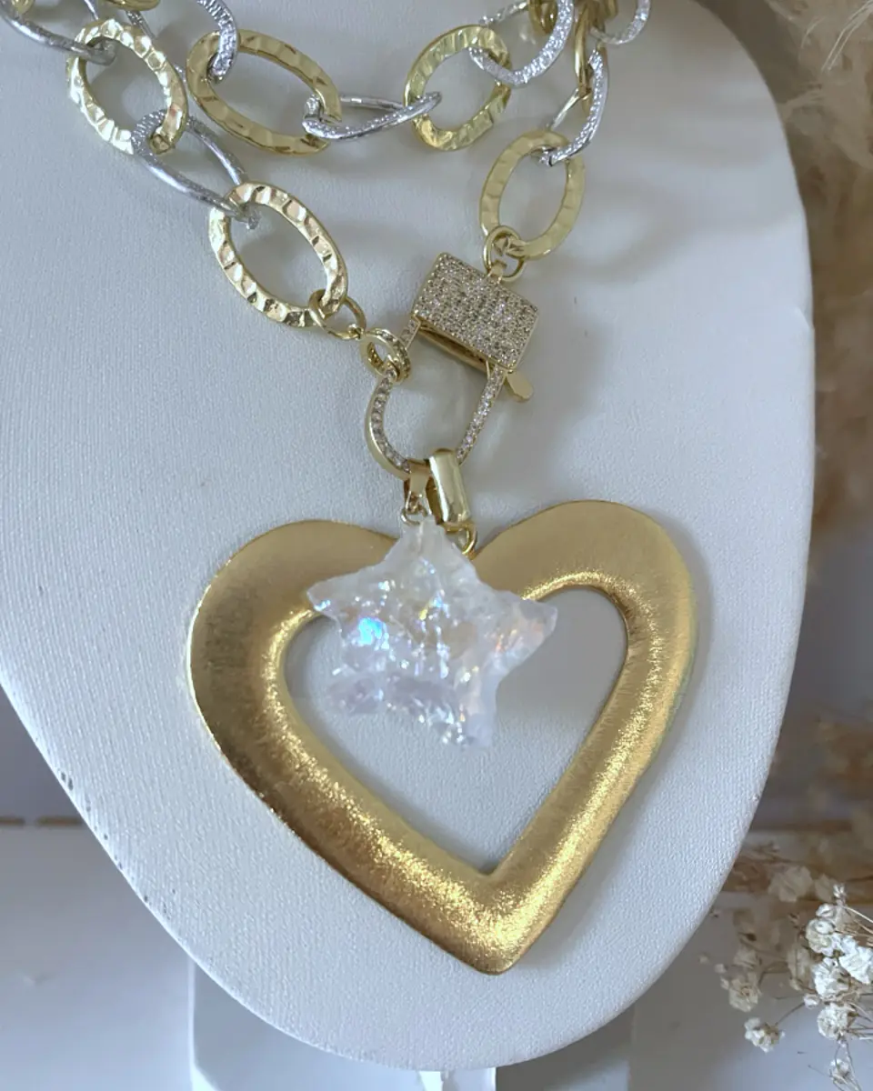 Collar XL  Maxi Corazón Chapado  Estrella cuarzo Tornasol Gold 8