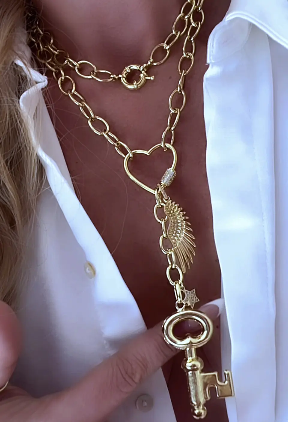 Collar XL Conector Corazón Llave Ala y Estella gold  1
