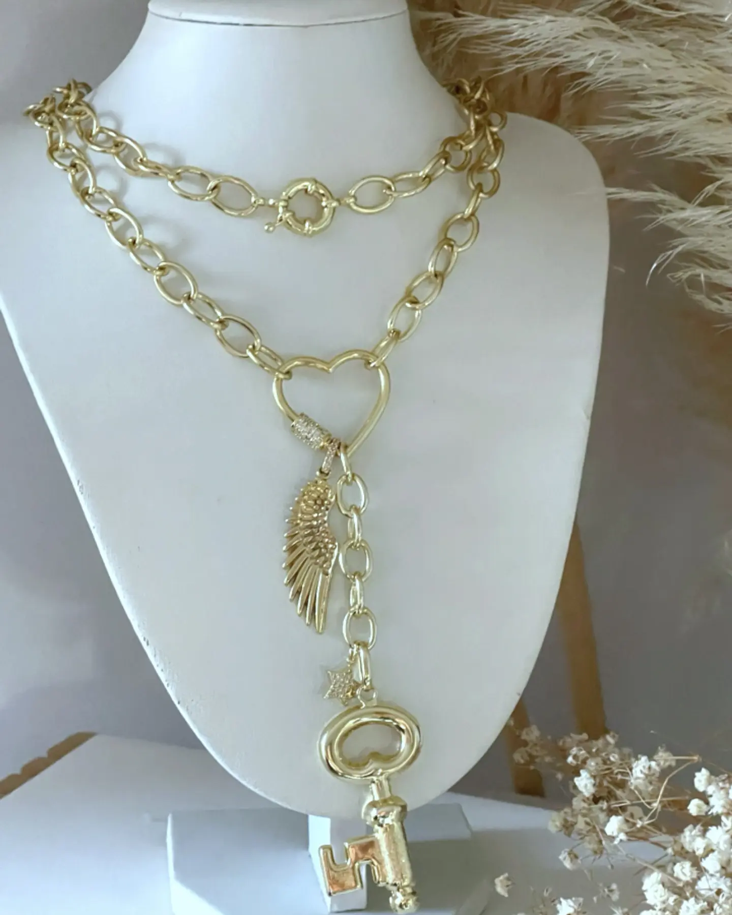 Collar XL Conector Corazón Llave Ala y Estella gold  2