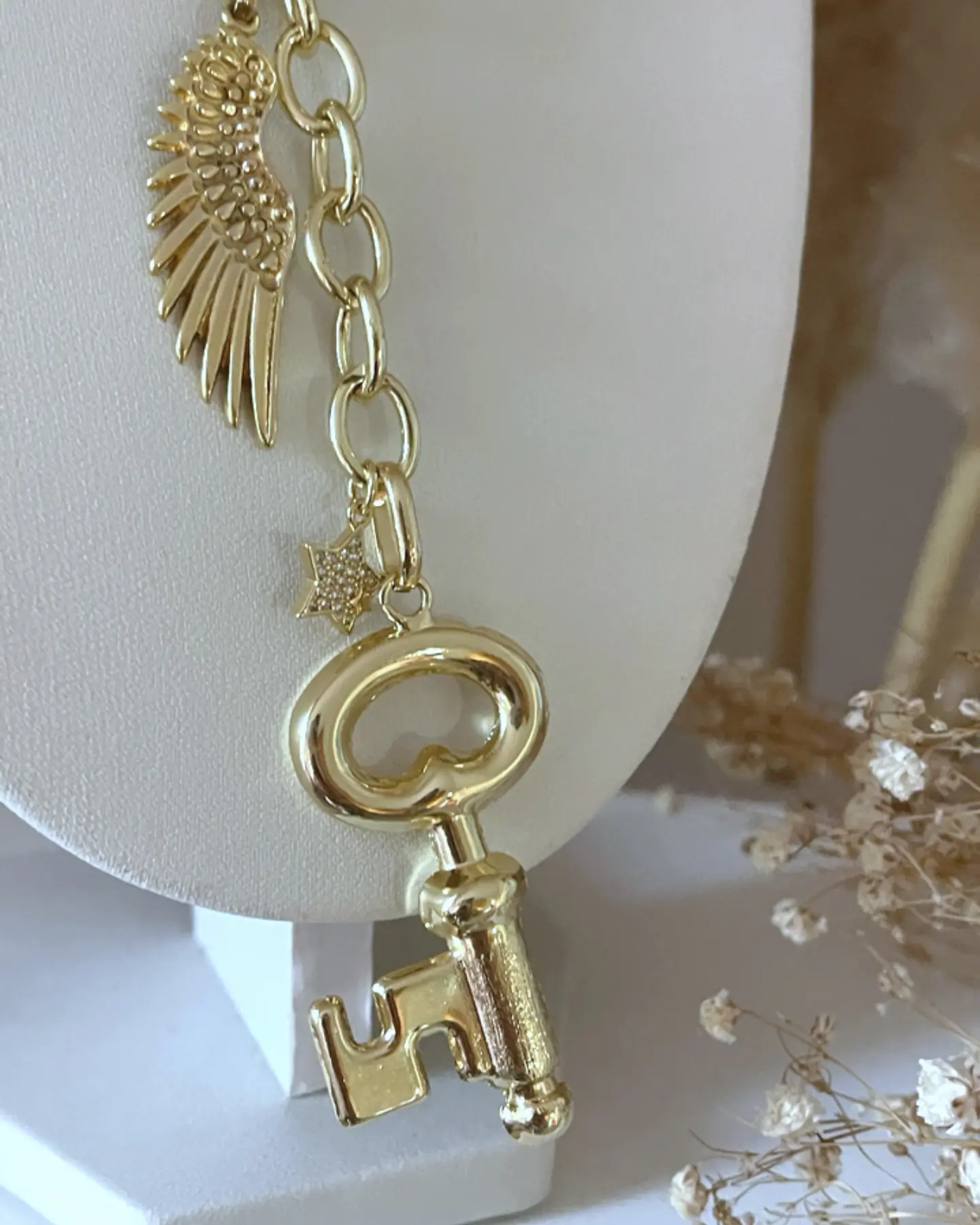 Collar XL Conector Corazón Llave Ala y Estella gold  3