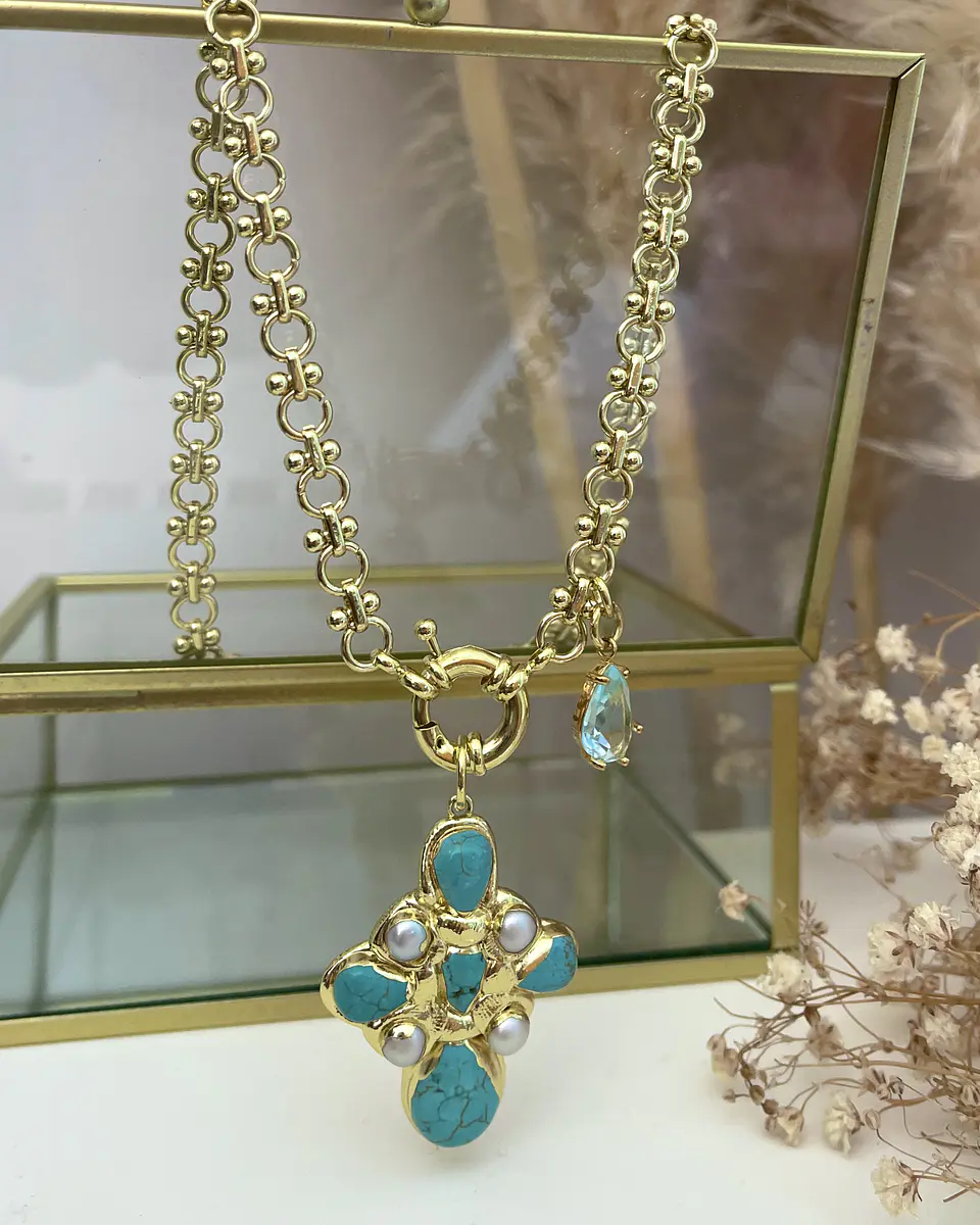 Collar Cruz Turquesa Perlas cristal Gold 1
