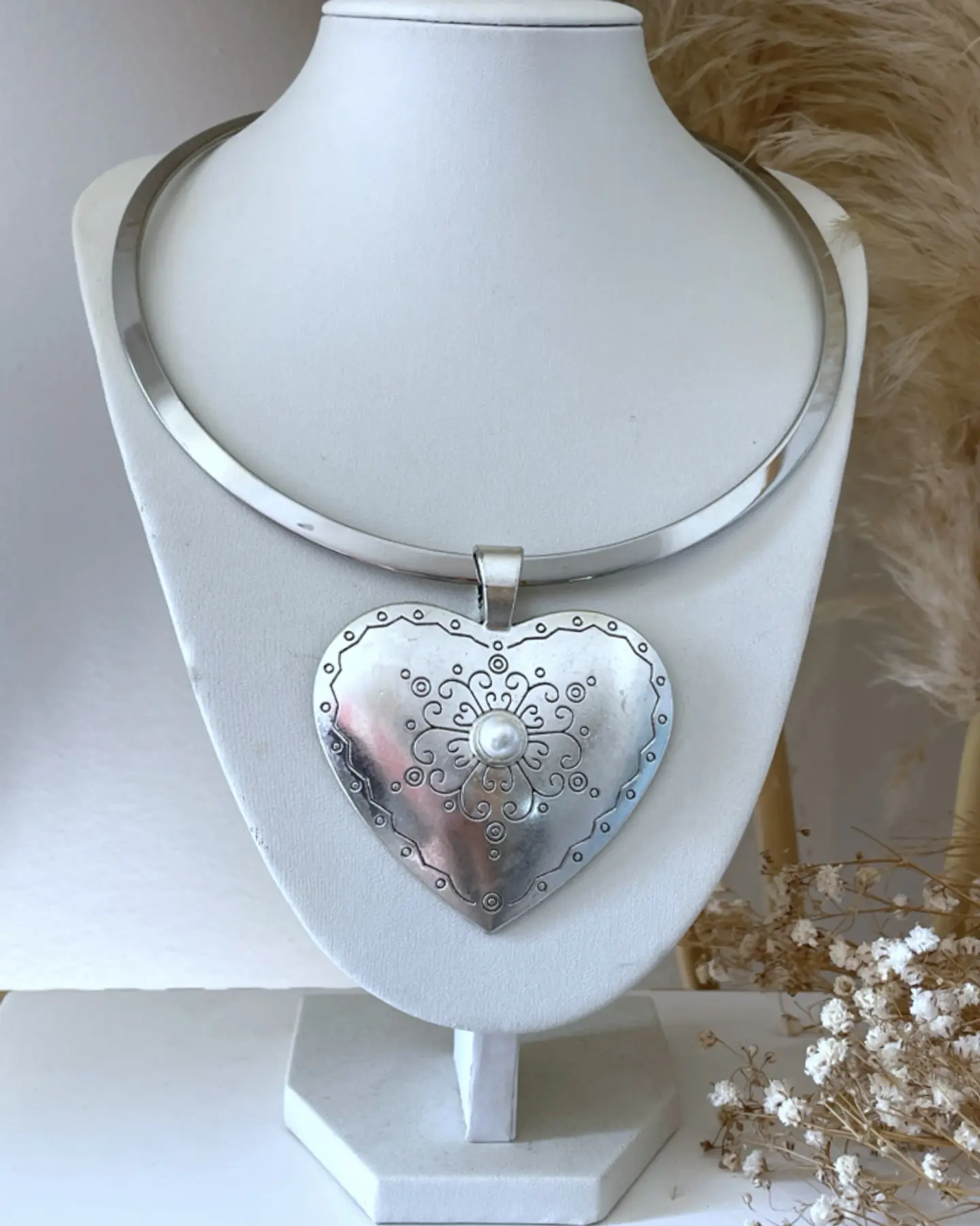 Collar Tiara Gruesa Maxi Corazon Silver 2