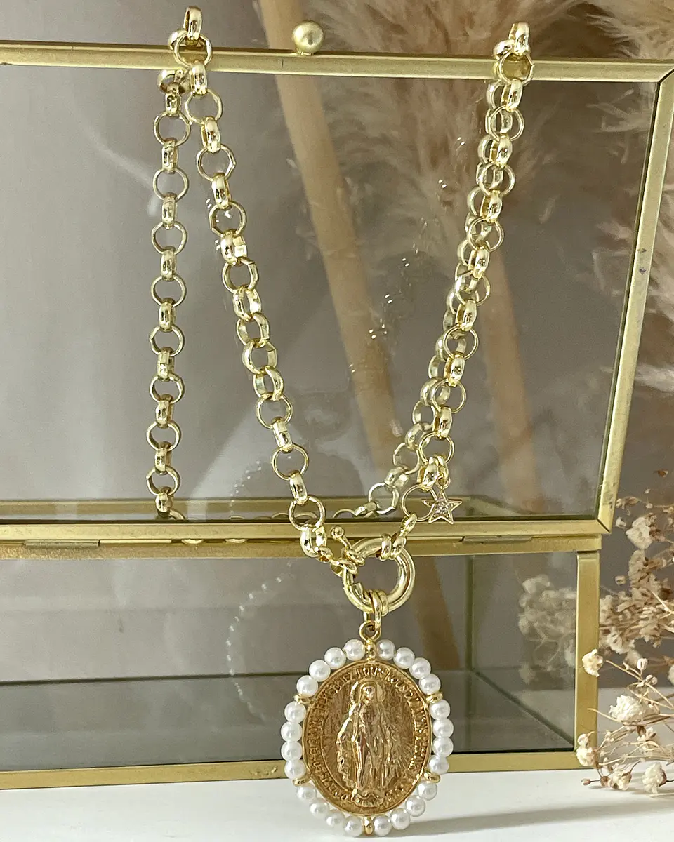 Collar Medallón Virgen Rayos Perlas punto luz Gold 6