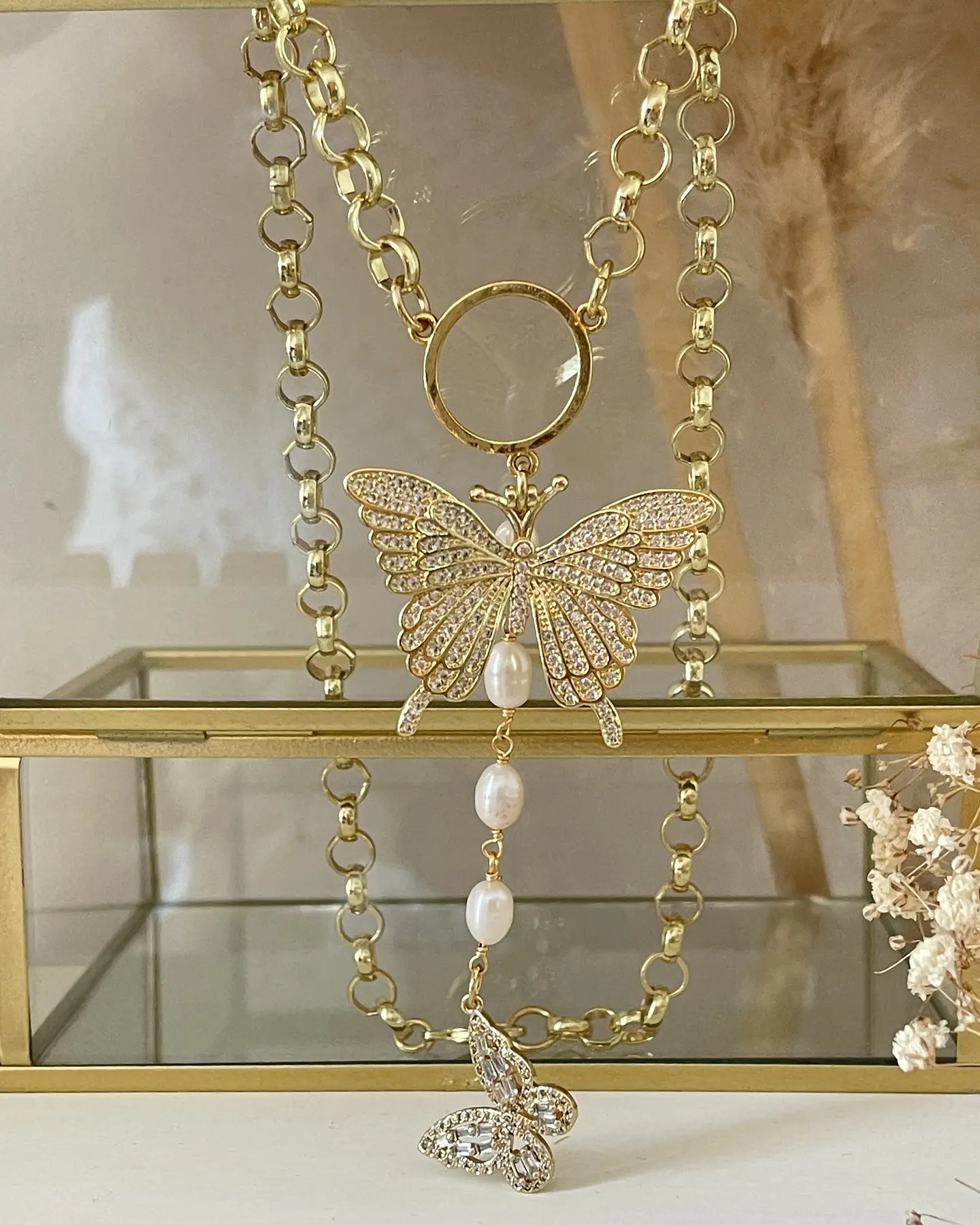  Collar Dúo de Mariposas Perlas rio y Circones Gold 7
