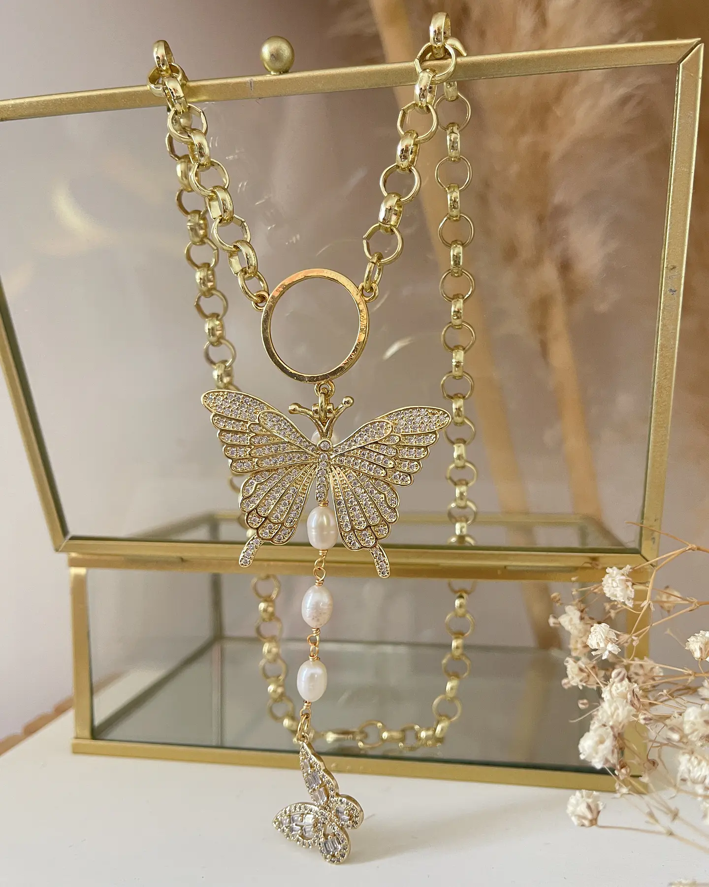  Collar Dúo de Mariposas Perlas rio y Circones Gold 5
