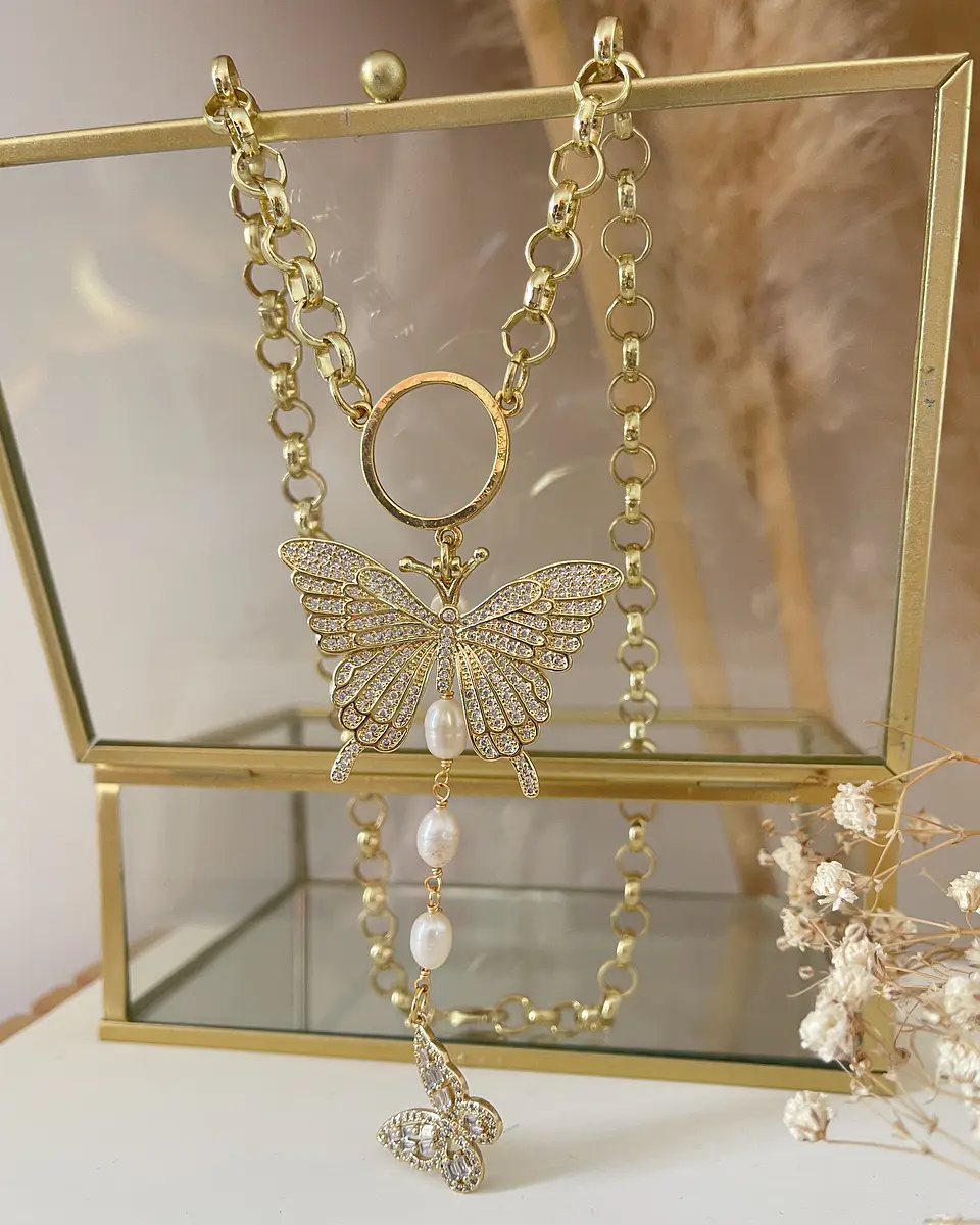  Collar Dúo de Mariposas Perlas rio y Circones Gold 5