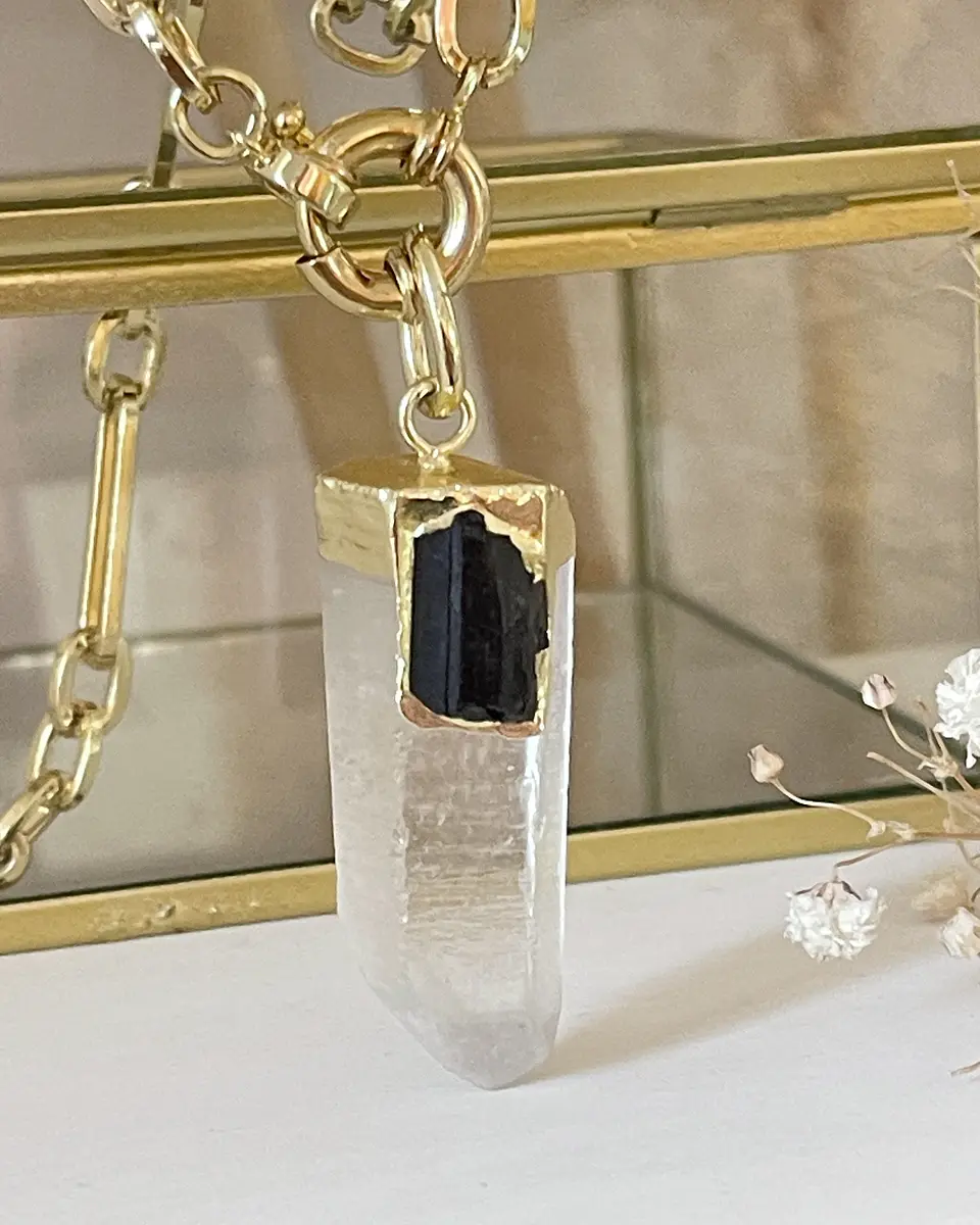 Collar XL Punta Cuarzo Cristal y Turmalina Negra Gold 3