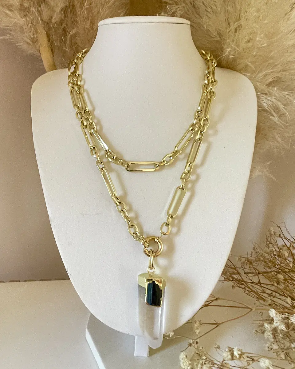 Collar XL Punta Cuarzo Cristal y Turmalina Negra Gold 7