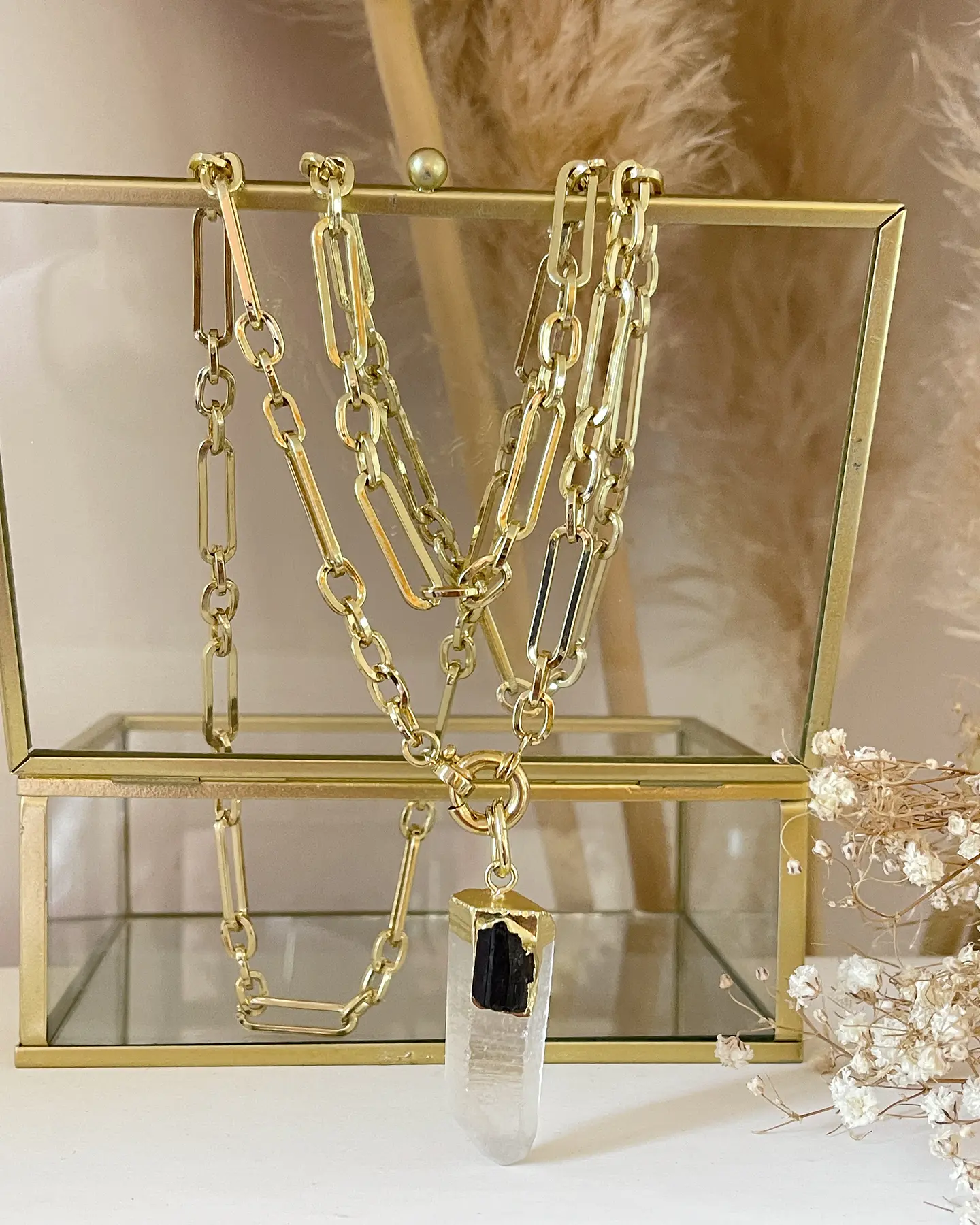 Collar XL Punta Cuarzo Cristal y Turmalina Negra Gold 5