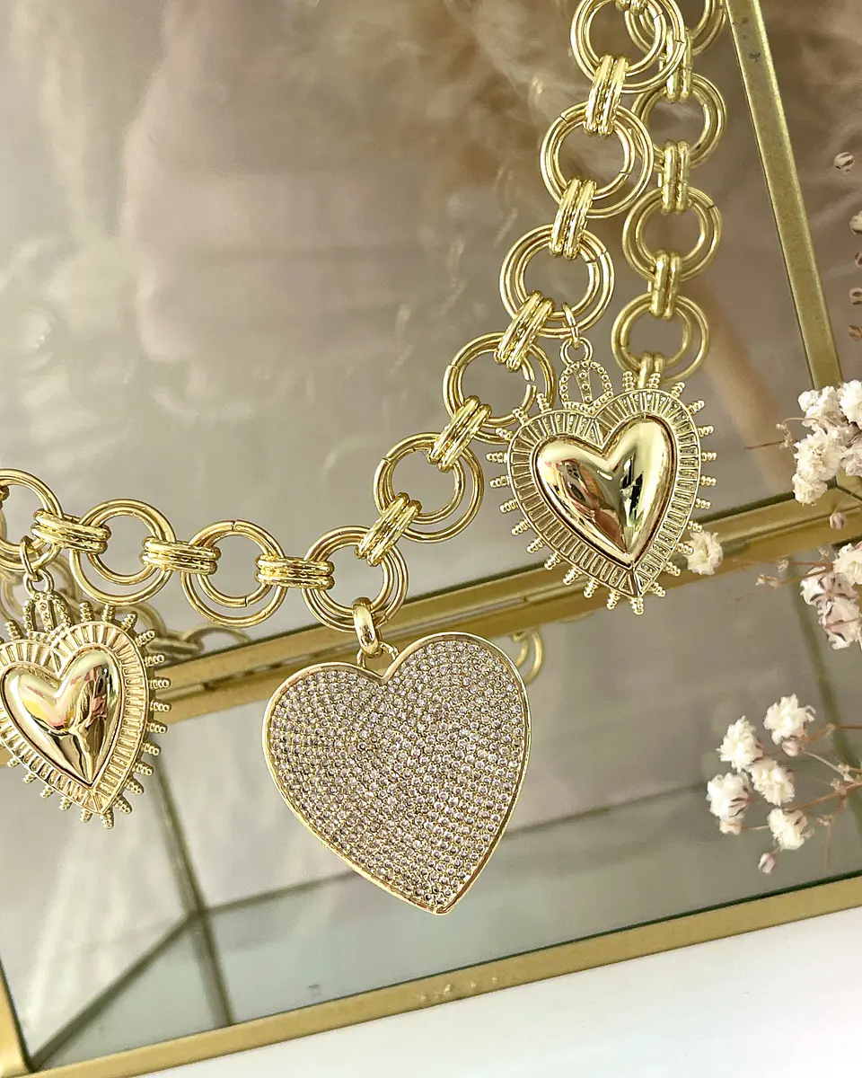 Collar Trío de Corazones Eslabones dobles Gold 3