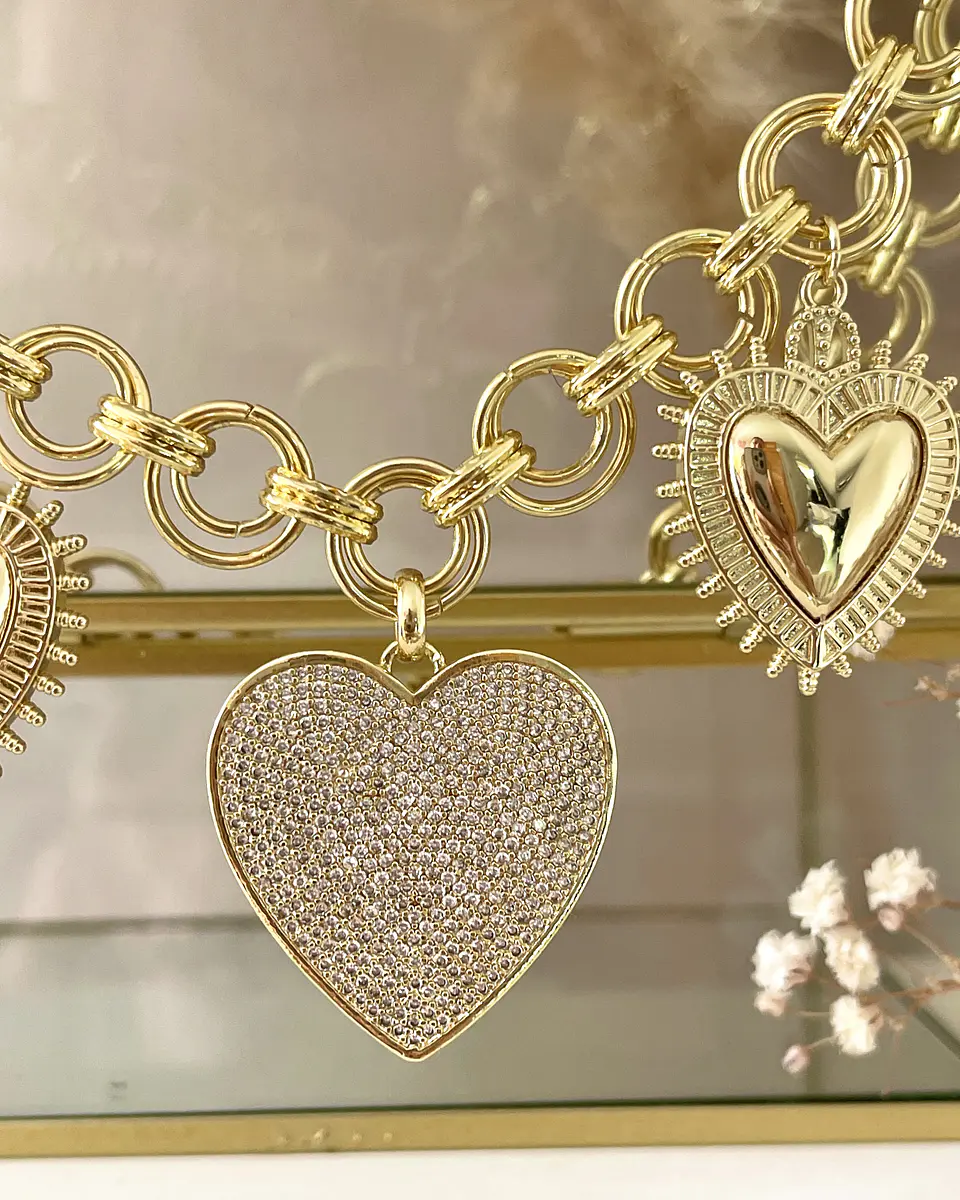 Collar Trío de Corazones Eslabones dobles Gold 8