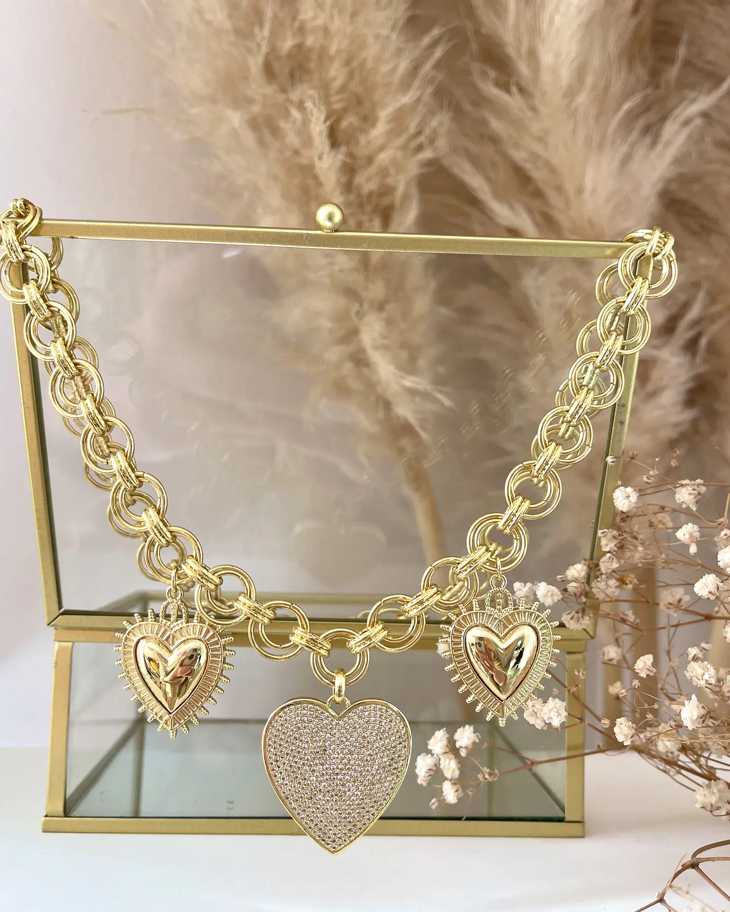 Collar Trío de Corazones Eslabones dobles Gold 11