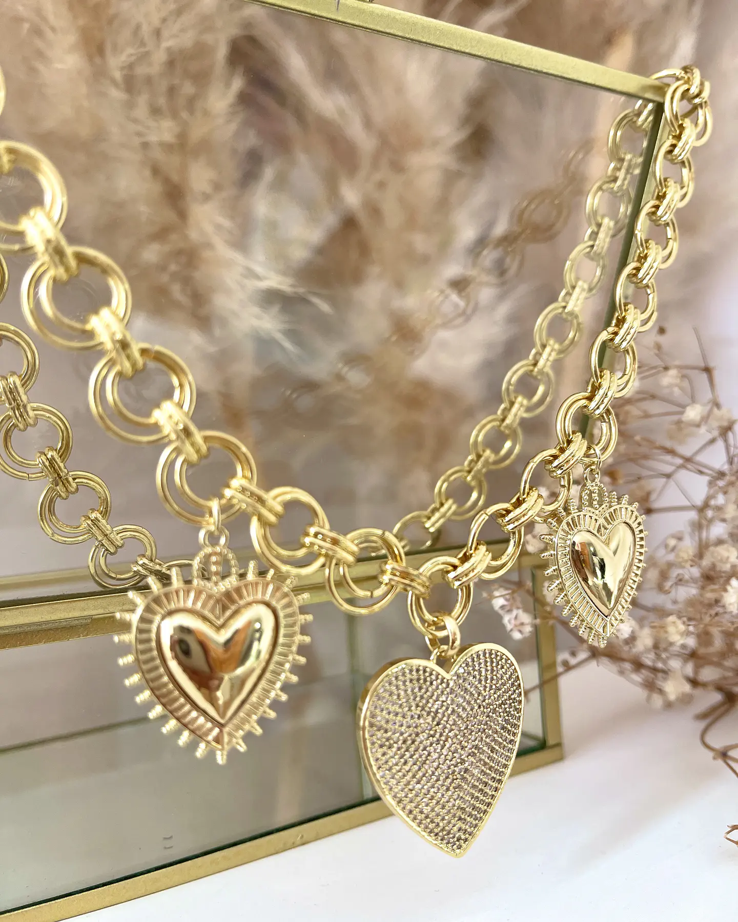 Collar Trío de Corazones Eslabones dobles Gold 14
