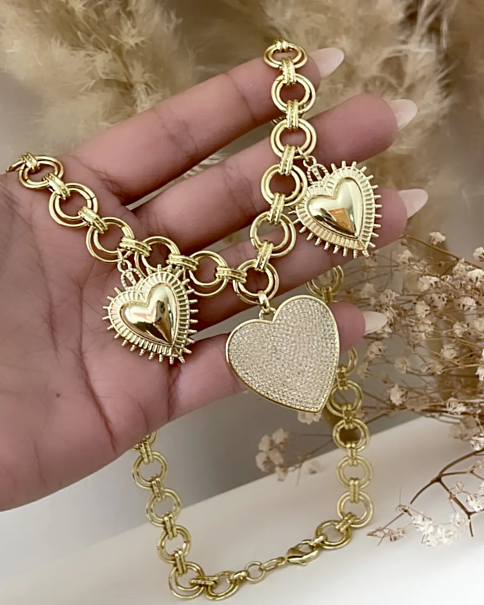 Collar Trío de Corazones Eslabones dobles Gold 13