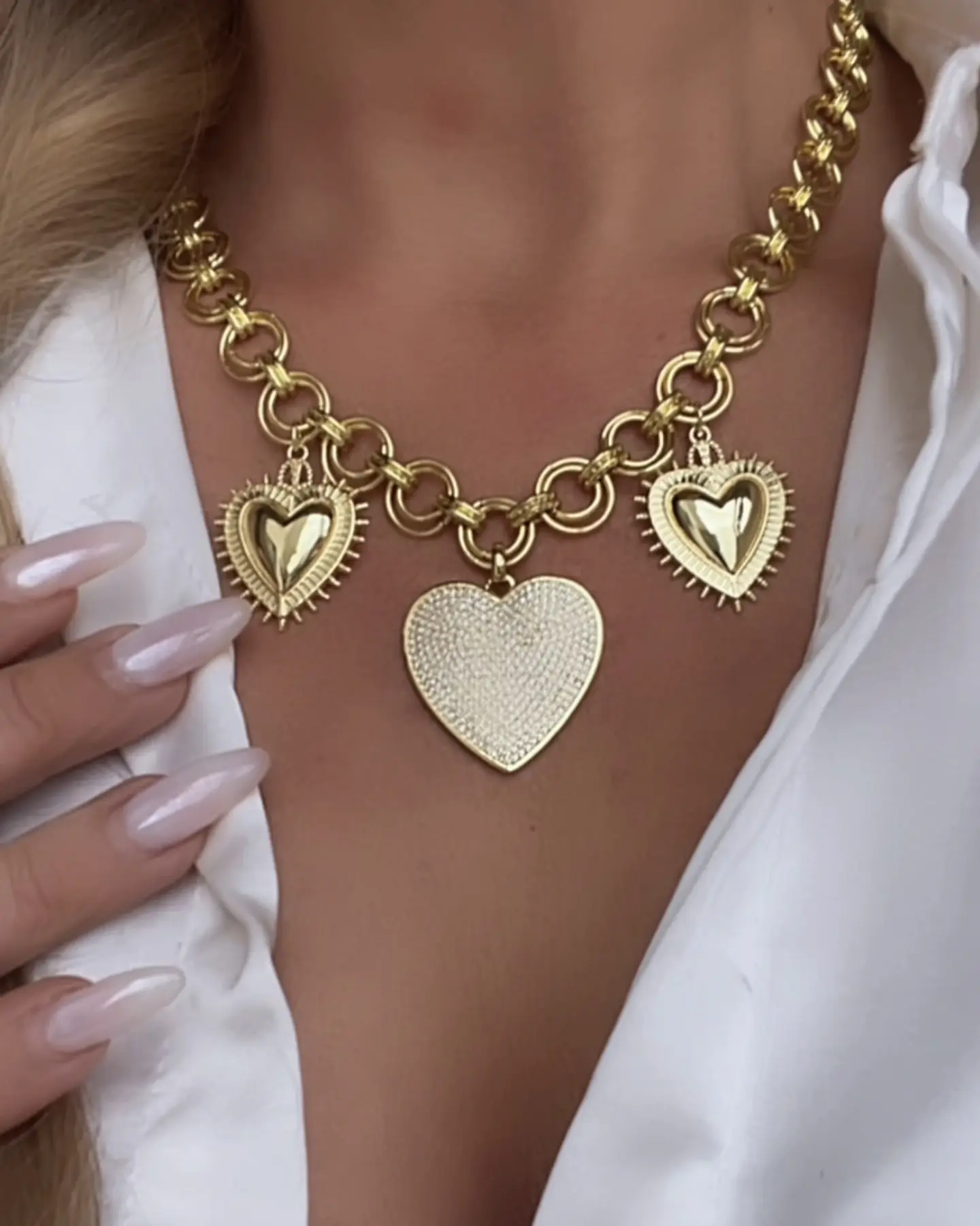 Collar Trío de Corazones Eslabones dobles Gold 6