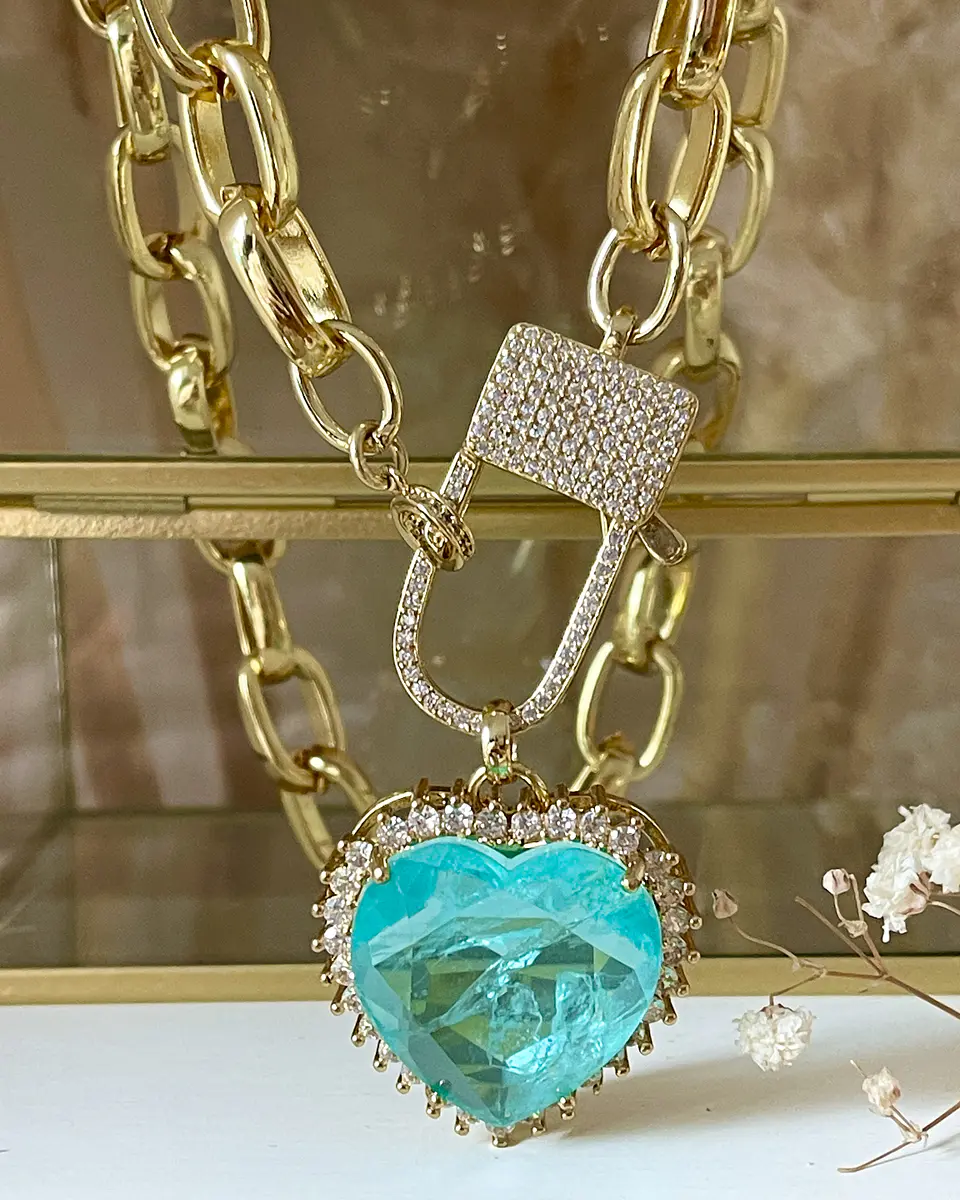 Collar Maxi Corazón Turquesa Broche Luxury Candado Gold 4