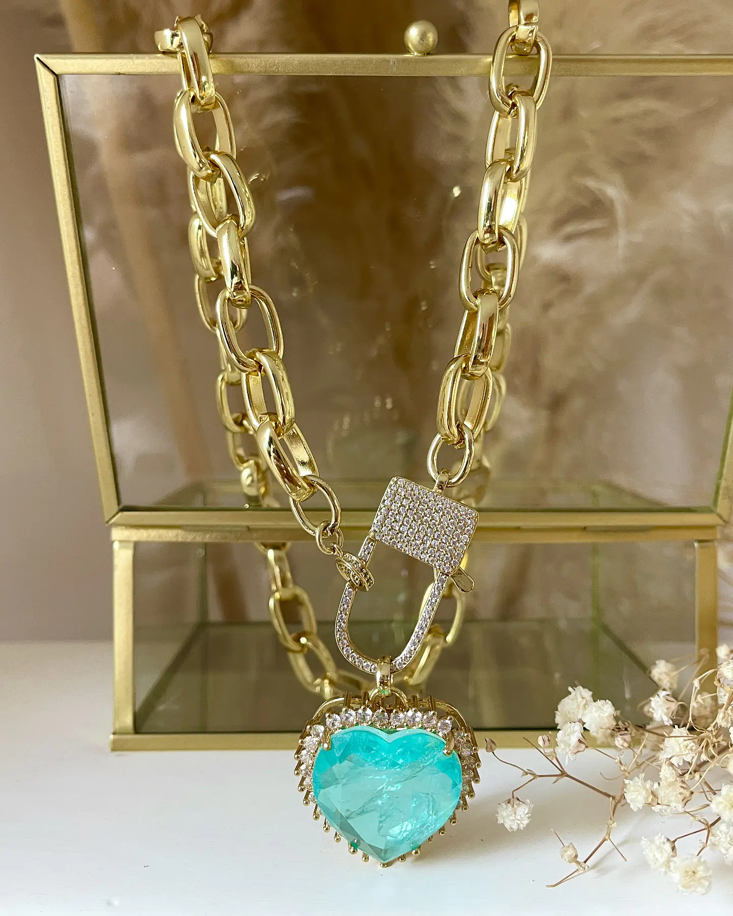 Collar Maxi Corazón Turquesa Broche Luxury Candado Gold 8