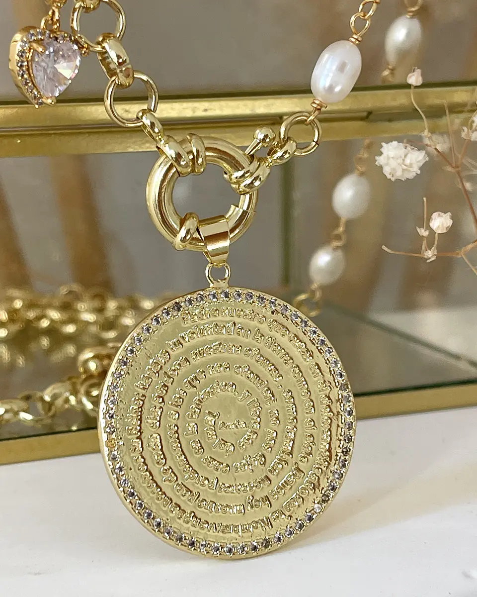 Collar XL Medallón Padre Nuestro Perlas gold 3