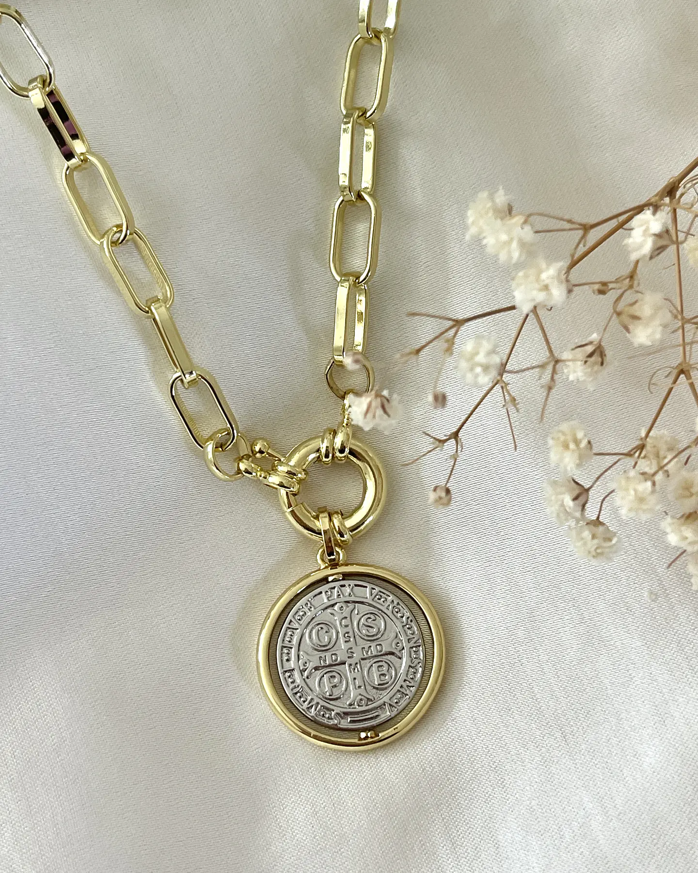 Collar Medalla San Benito Silver Gold 4