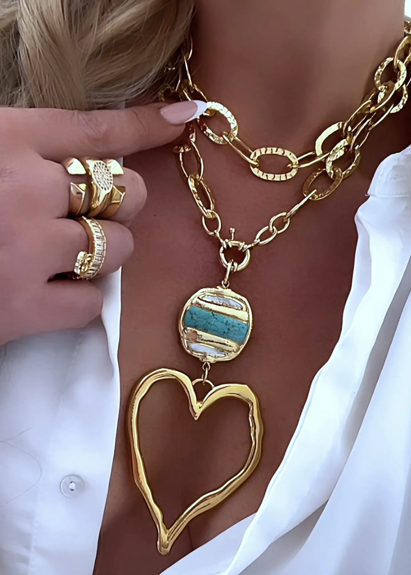 Collar XL Maxi Corazón Silueta Turquesa Nácar Gold 7