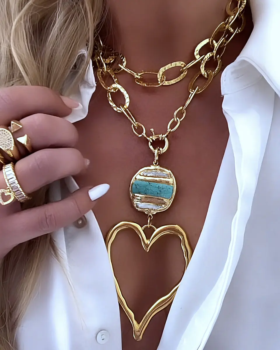 Collar XL Maxi Corazón Silueta Turquesa Nácar Gold 1