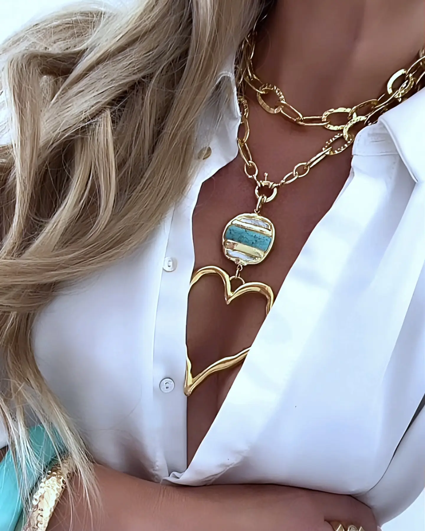 Collar XL Maxi Corazón Silueta Turquesa Nácar Gold 2