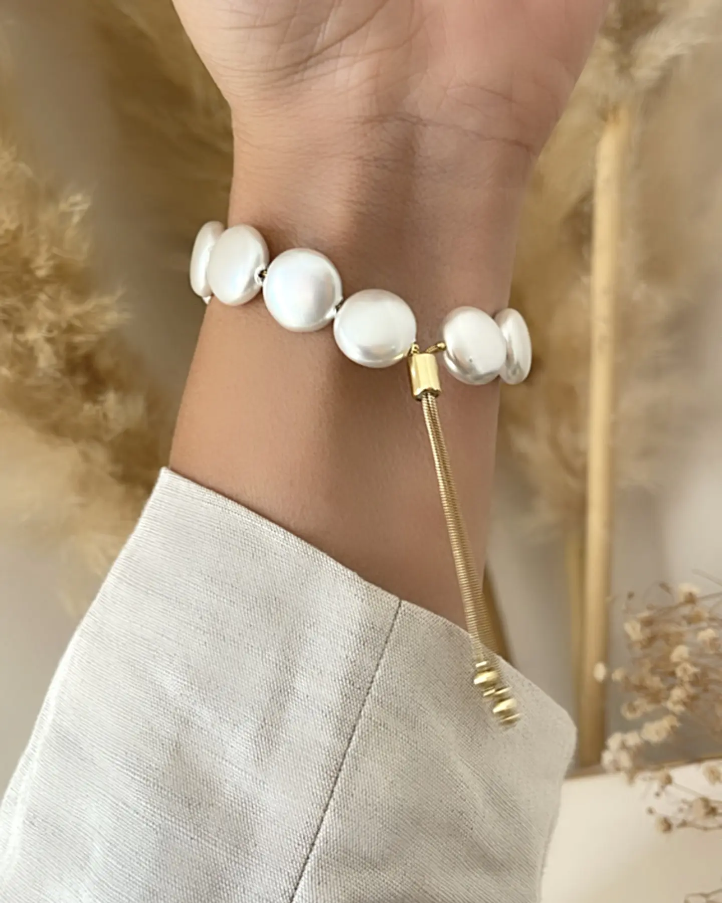 Pulsera Perlas Aplanadas Gold  2