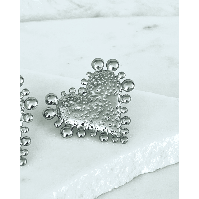  Aros Corazón Relieve y esferas silver