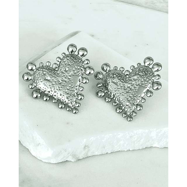  Aros Corazón Relieve y esferas silver