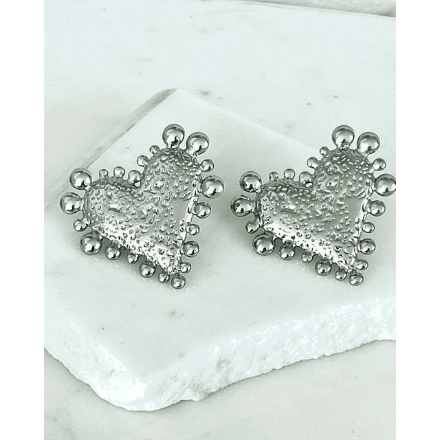  Aros Corazón Relieve y esferas silver