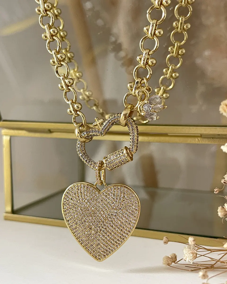 Collar Maxi Corazón y Corona circones eslabones Mixtos  Gold 6