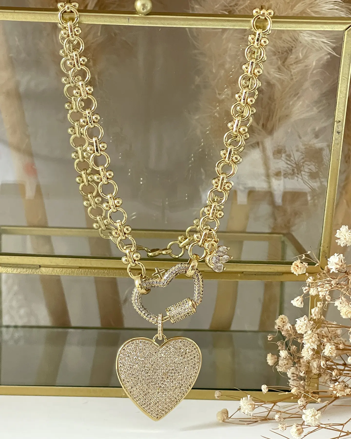 Collar Maxi Corazón y Corona circones eslabones Mixtos  Gold 7