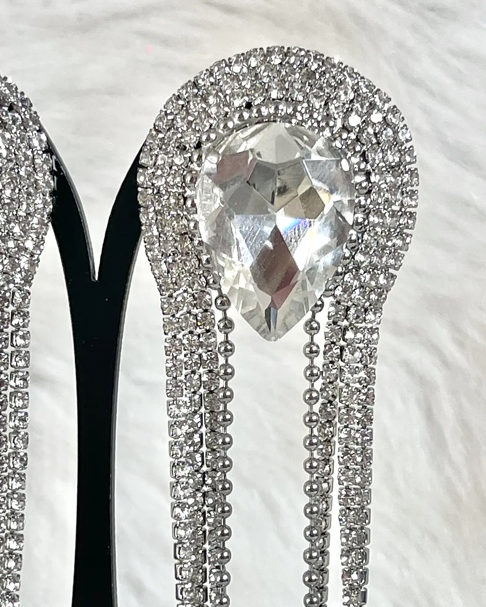 Aros Oversize Gota Invertida Cascada Strass Silver 3