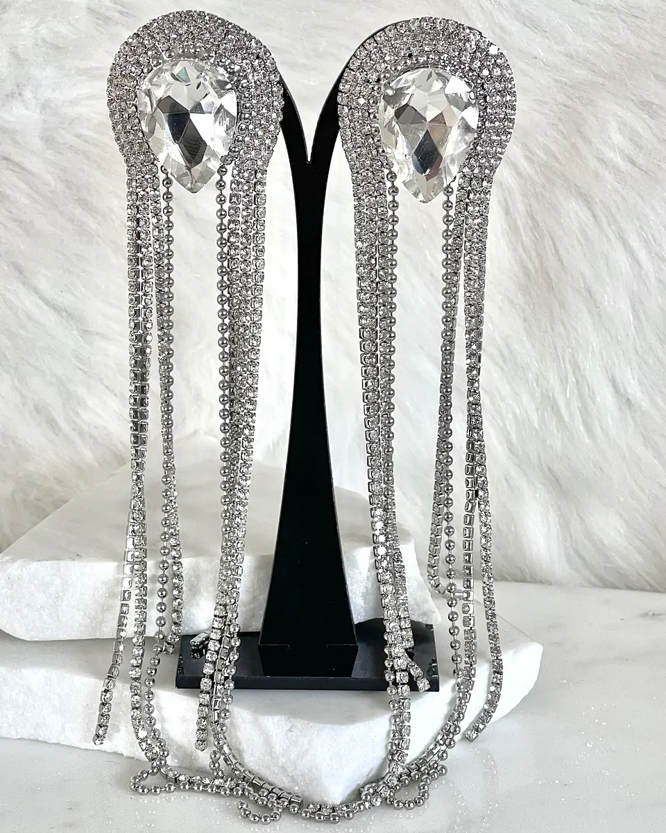 Aros Oversize Gota Invertida Cascada Strass Silver 1