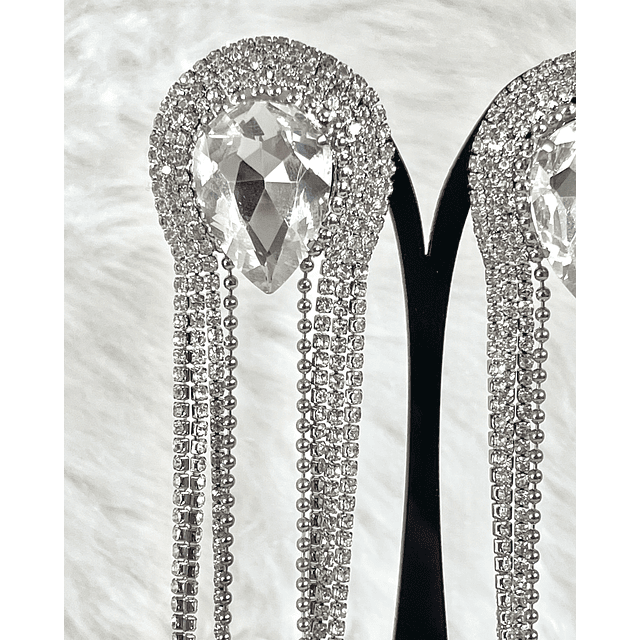 Aros Oversize Gota Invertida Cascada Strass Silver