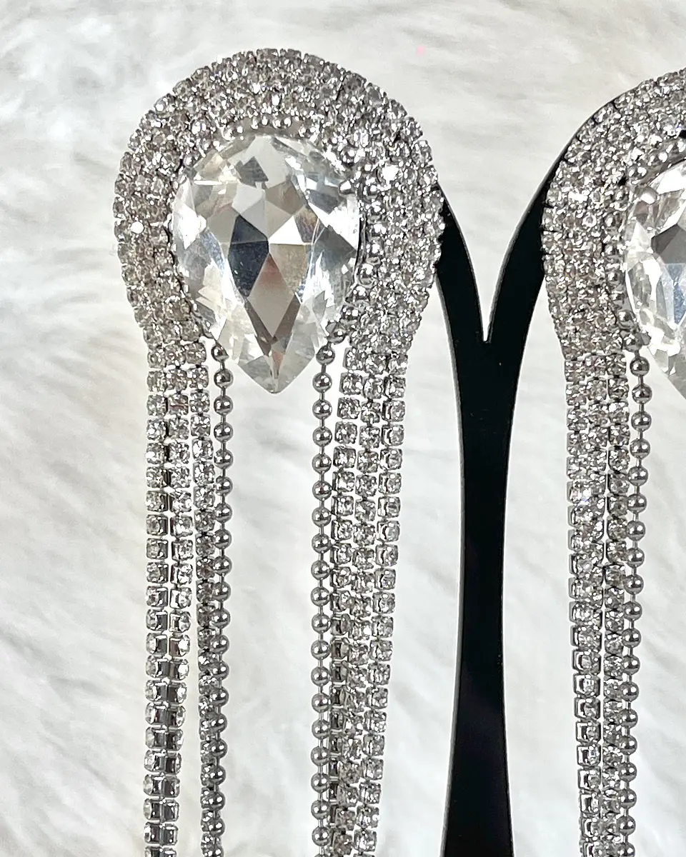 Aros Oversize Gota Invertida Cascada Strass Silver 2