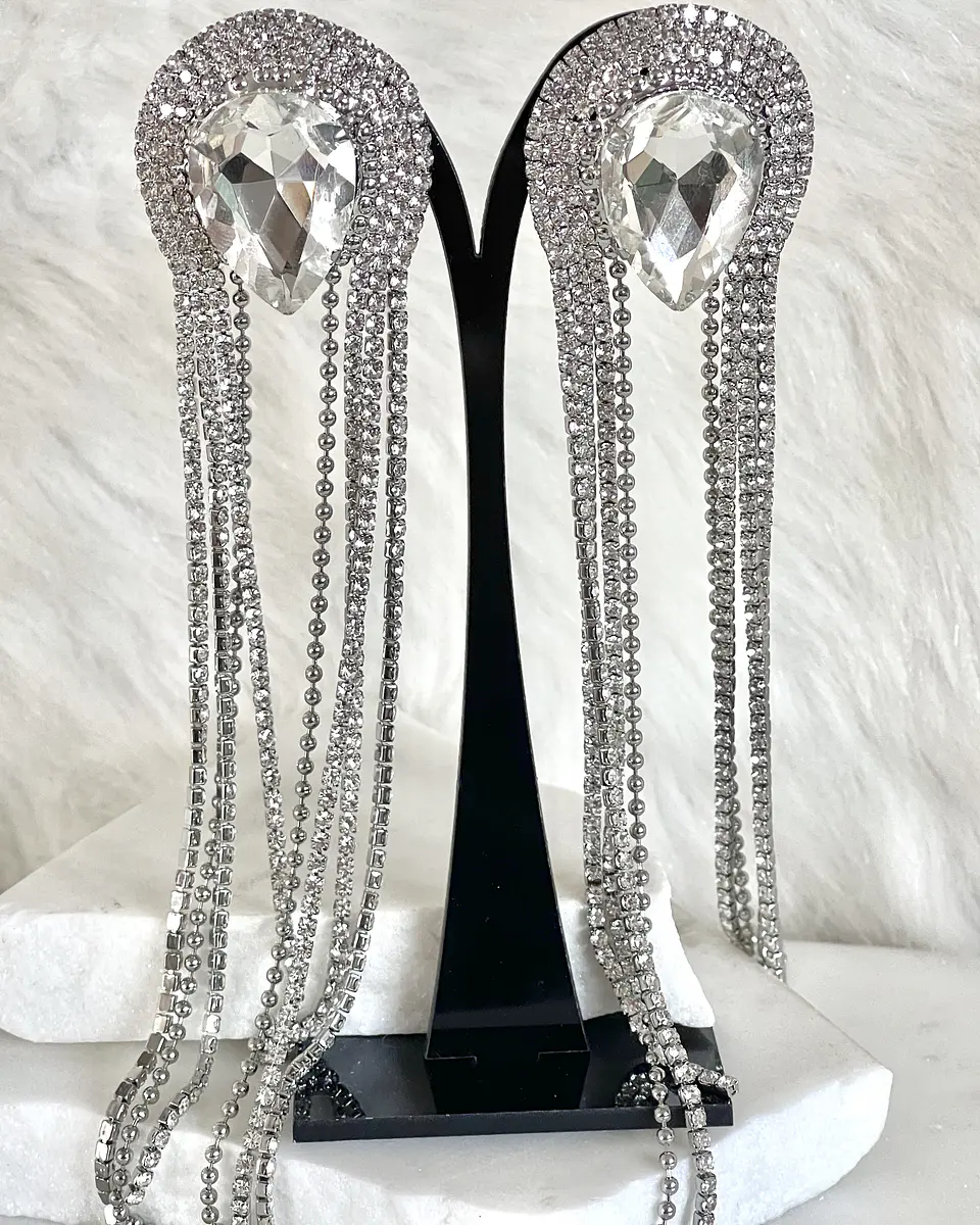Aros Oversize Gota Invertida Cascada Strass Silver 4